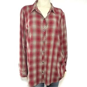 J Jill Red Plaid Long Sleeve Button Up Shirt Sz L Rayon Button Down Blouse Top